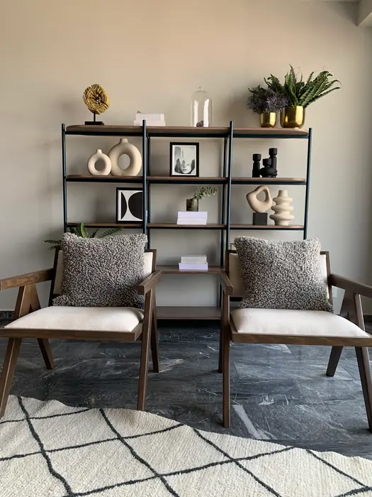 Librero metálico con sillas de madera y tapete bereber